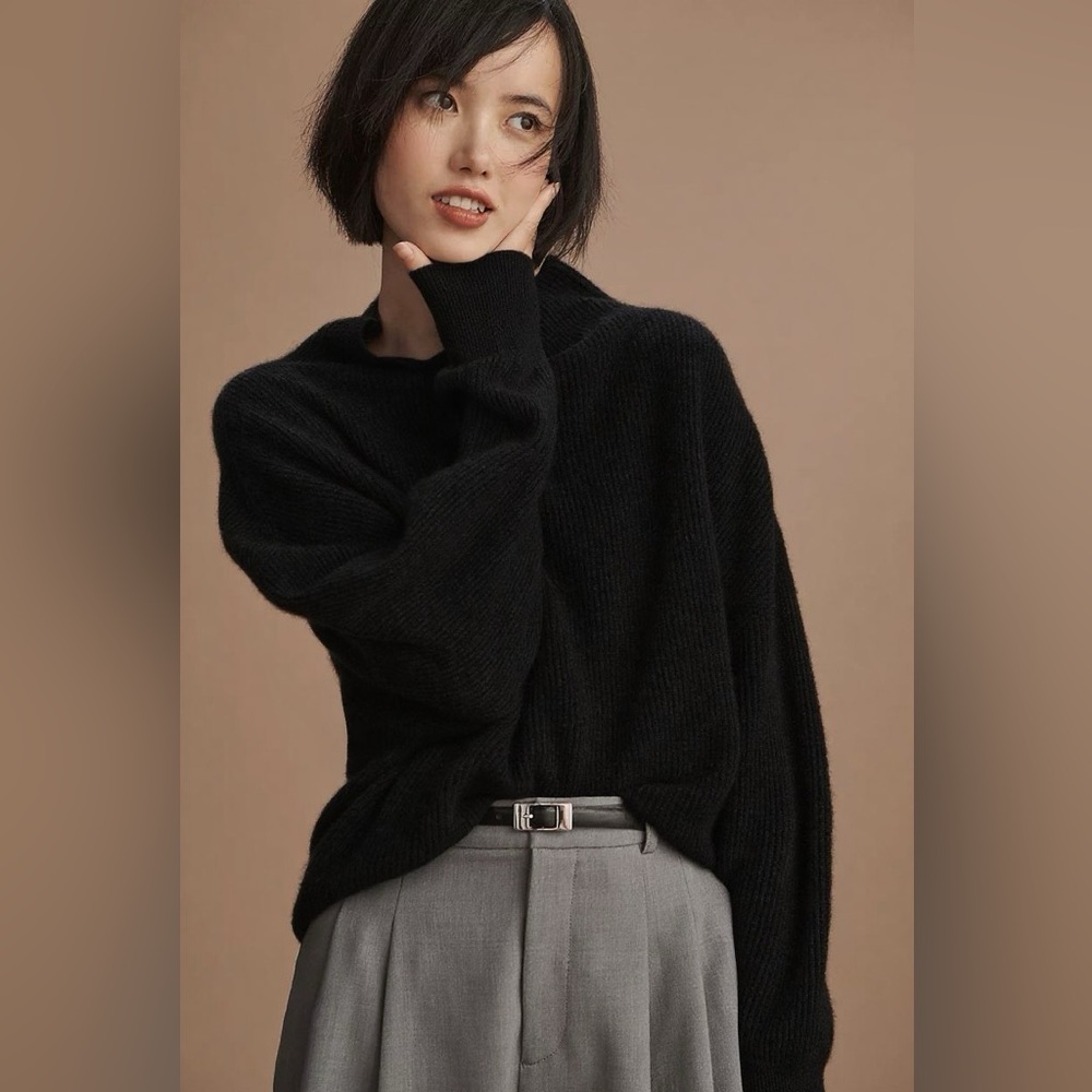 Anthropology Pilcro Anir Black Women's 100% Cashmere Mock Neck Ribbed Sweater